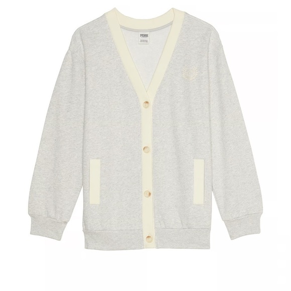 PINK VICTORIA’S SECRET PREMIUM FLEECE BOYFRIEND CARDIGAN GREY/CREAM SIZE SMALL - Picture 1 of 9